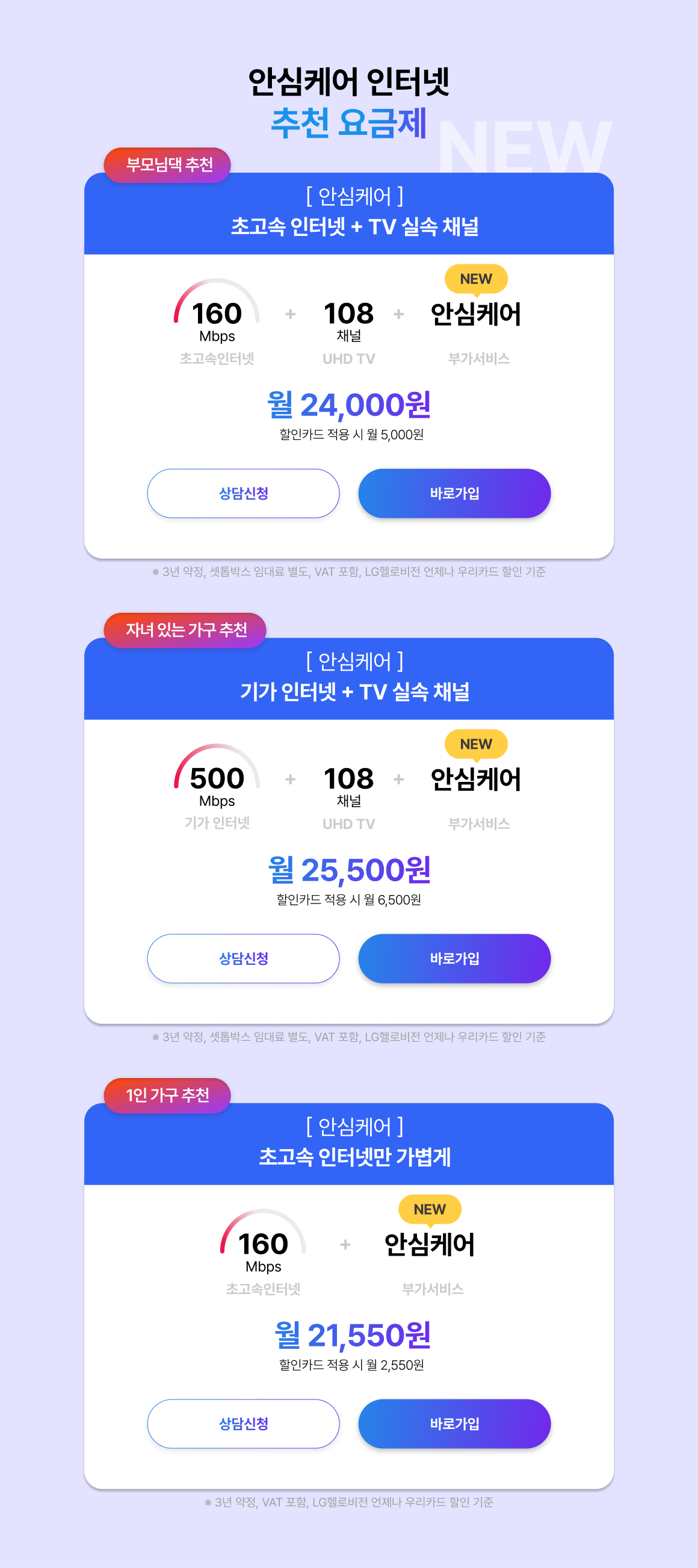 안심케어 인터넷 추천 요금제 - 초고속 160Mbps+108채널 월 24,000원, 기가 500Mbps+108채널 월 25,500원, 160M 인터넷 단독 월 21,550원