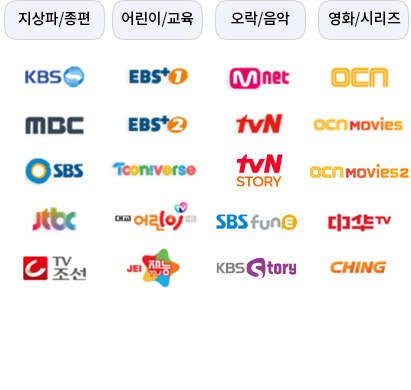 KBS, MBC, SBS, JTBC, tvN, EBS+1, EBS+2, Tooniverse, 
						M Net, XTM, EVENTTV, OGN, CGV, OCN, superAction